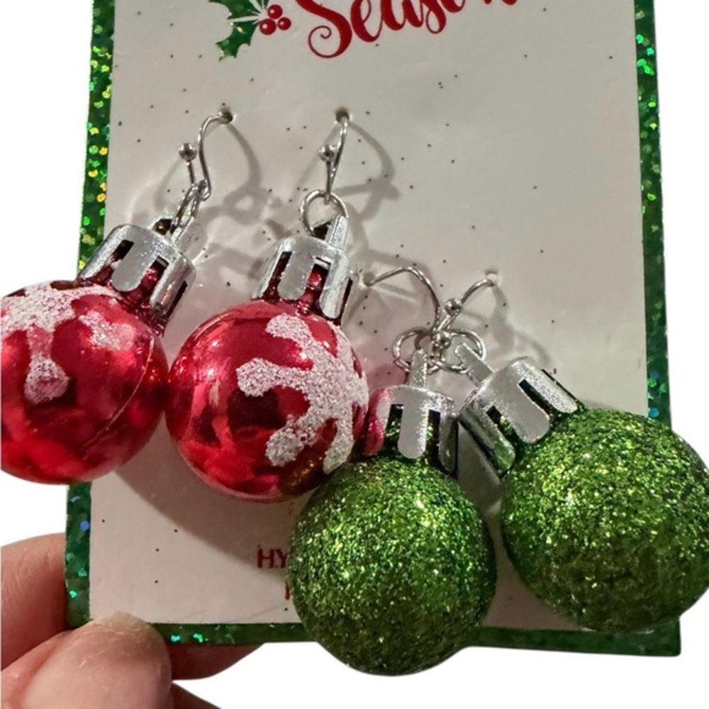 Two Pair of Festive Red and Green Ornament Earrings